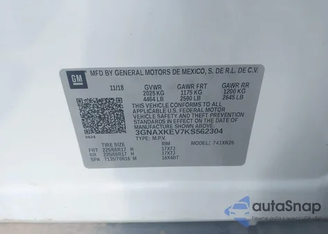 2019 Chevrolet Equinox Lt from USA, damaged, VIN 3GNAXKEV7KS562304